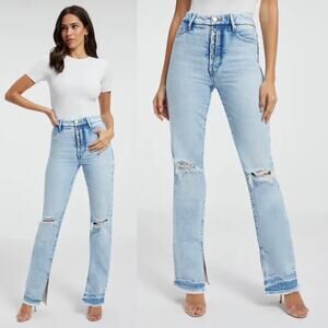 Good American Good Boy Jeans Womens 4 / 27 Indigo340 Ripped Side Slit Raw Hem